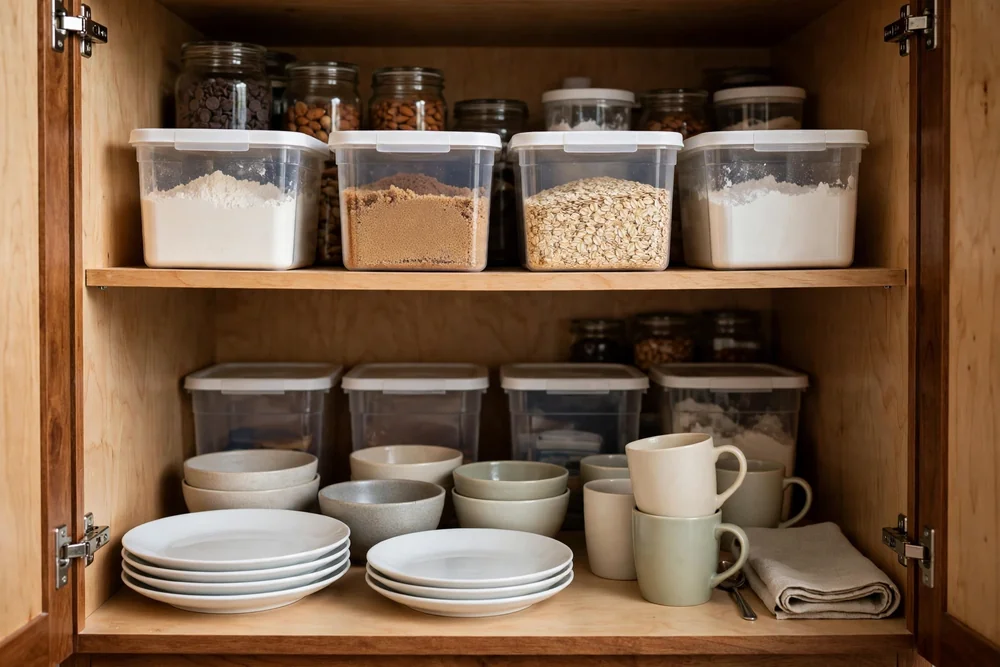 Deep kitchen cabinet split into front and back zones, daily dishes at the front and labeled bins at the back