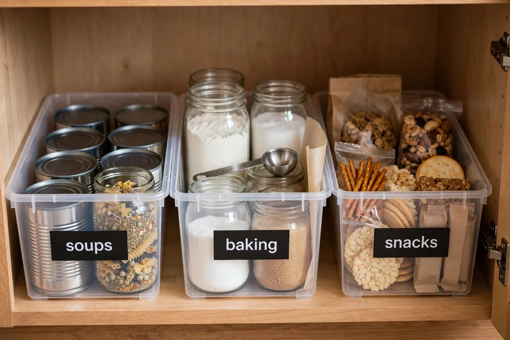 Labeled bins inside a kitchen cabinet with simple category labels on the front of each bin