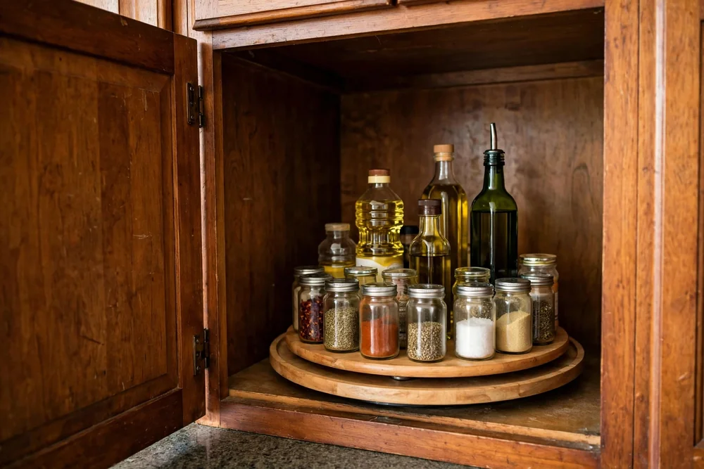 Lazy Susan turntable inside a deep kitchen corner cabinet holding spice jars and cooking oils