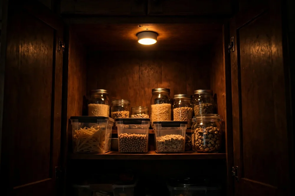 Deep kitchen cabinet lit by a small stick-on LED light so bins and jars at the back are visible
