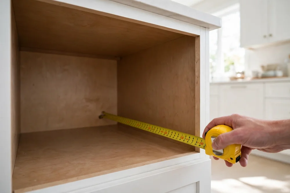 Tape measure inside an empty deep kitchen cabinet measuring depth from the back panel to the door frame