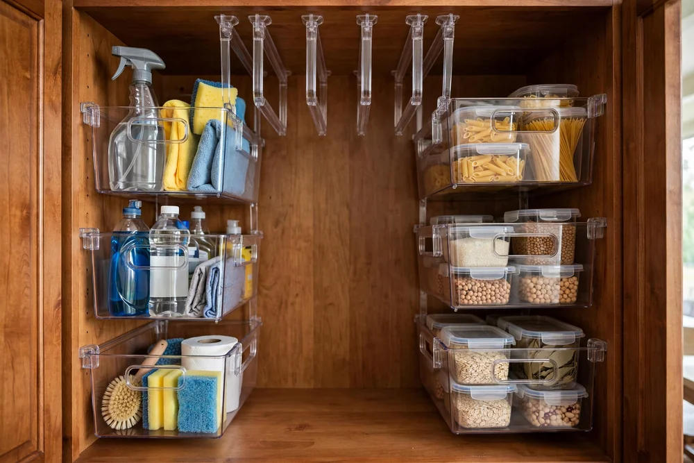 No-drill clear bins with handles inside a deep kitchen cabinet holding cleaning supplies and food containers