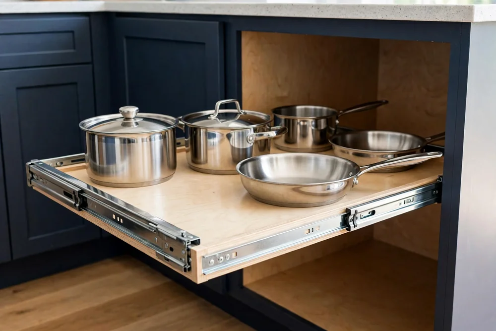 Full-extension pull-out shelf sliding out of a deep kitchen cabinet holding stainless steel pots and pans