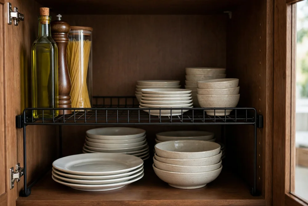Shelf riser inside a deep kitchen cabinet creating two levels of plates and bowls