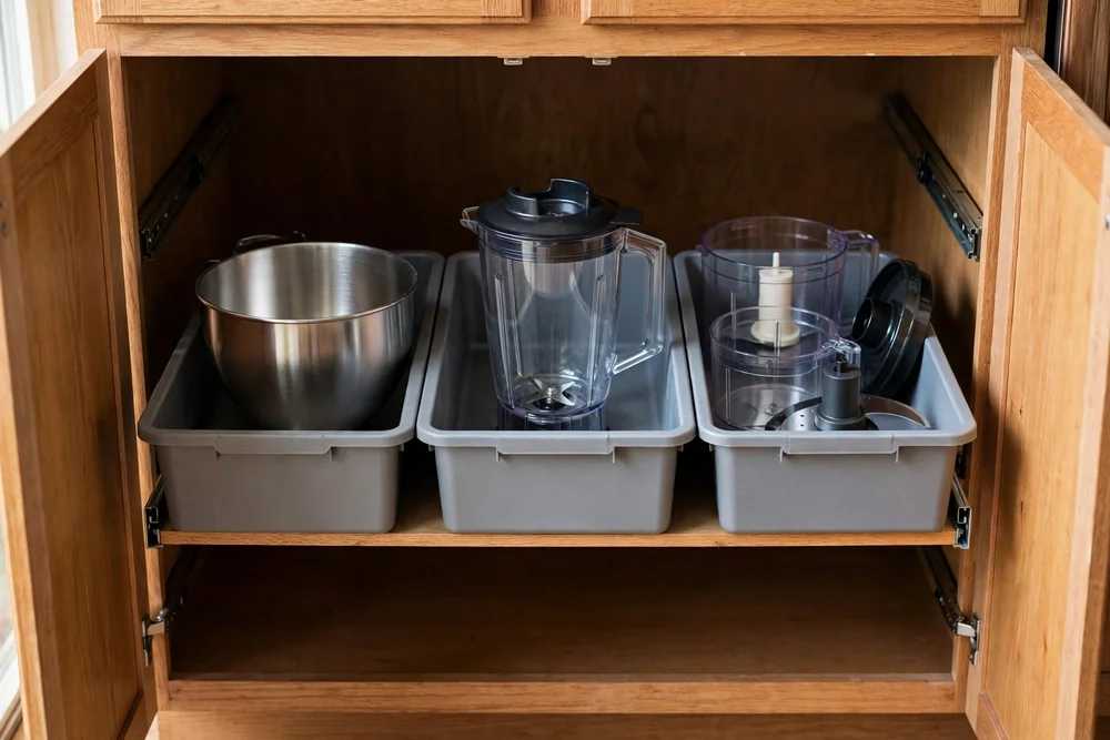 Deep kitchen base cabinet holding a small appliance zone with a mixer bowl, blender jar, and food processor parts in bins