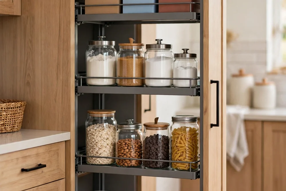 Tall deep pantry cabinet with a vertical pull-out rack holding cereal boxes, baking supplies, and jars