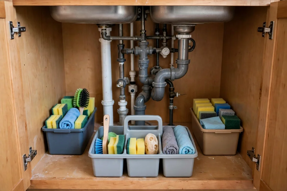 Under-sink kitchen cabinet with small bins on either side of the pipes and a lift-out cleaning caddy