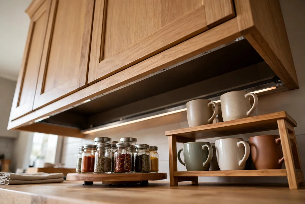 High kitchen wall cabinet with a small turntable holding spice jars and a shelf riser with mugs