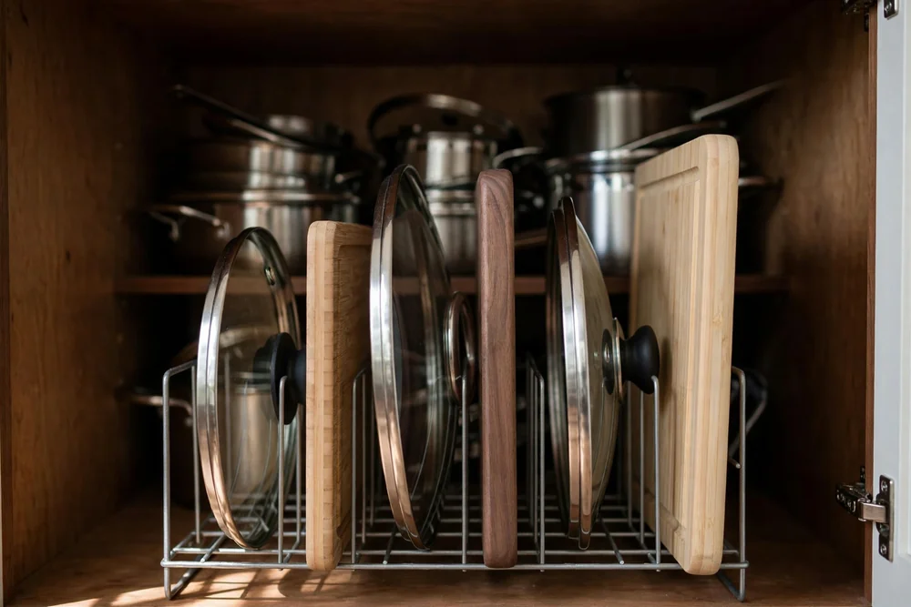 Pot lids and cutting boards stored upright in a vertical rack at the front of a deep kitchen cabinet