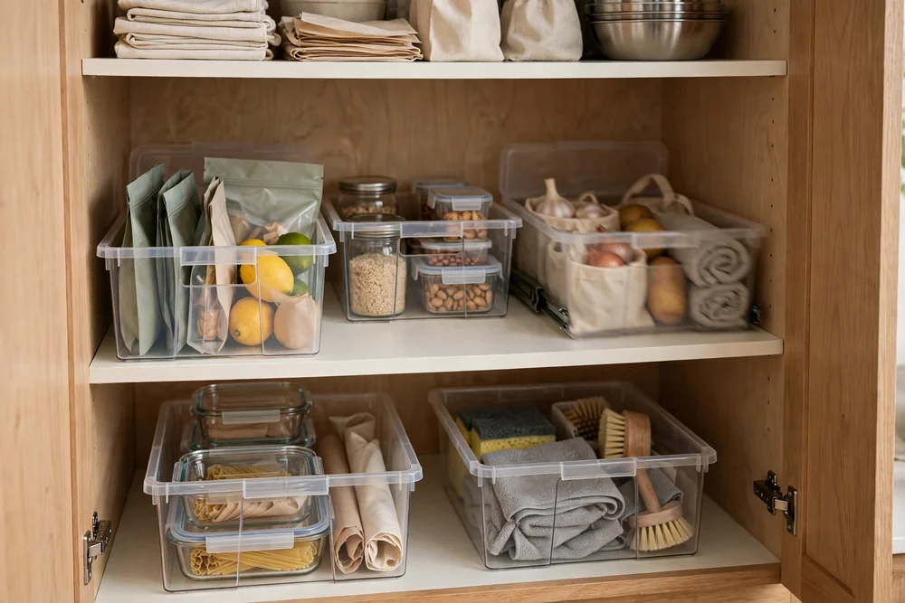 Tidy deep kitchen cabinet after a weekly reset with bins slid back into place