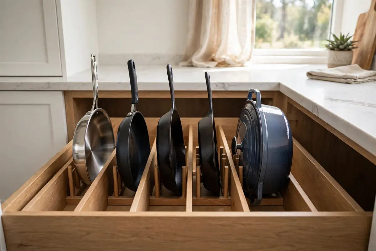 Deep kitchen drawer with adjustable dividers holding frying pans upright