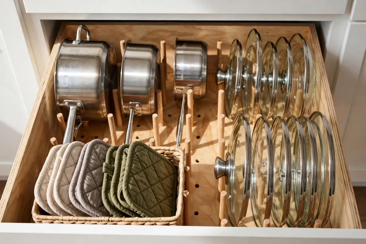 Deep kitchen drawer with a wooden pegboard holding pots and lids filed vertically
