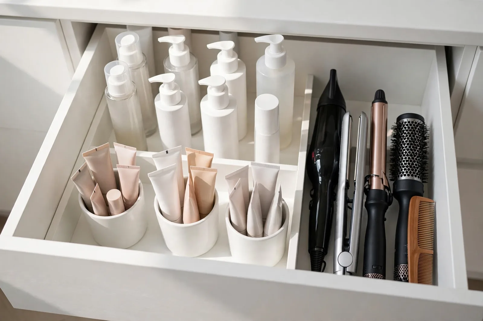 Deep bathroom drawer with upright cups holding tubes and tall bottles.