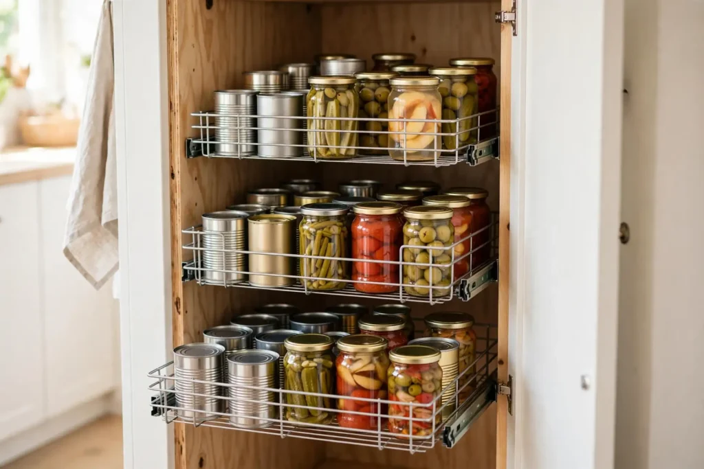 Wire pull-out baskets gliding forward on a deep pantry shelf