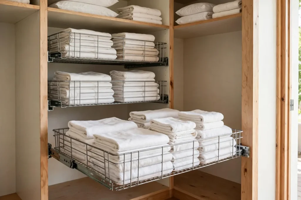 Linen closet organization with deep-shelf pull-out sliding baskets holding folded linens