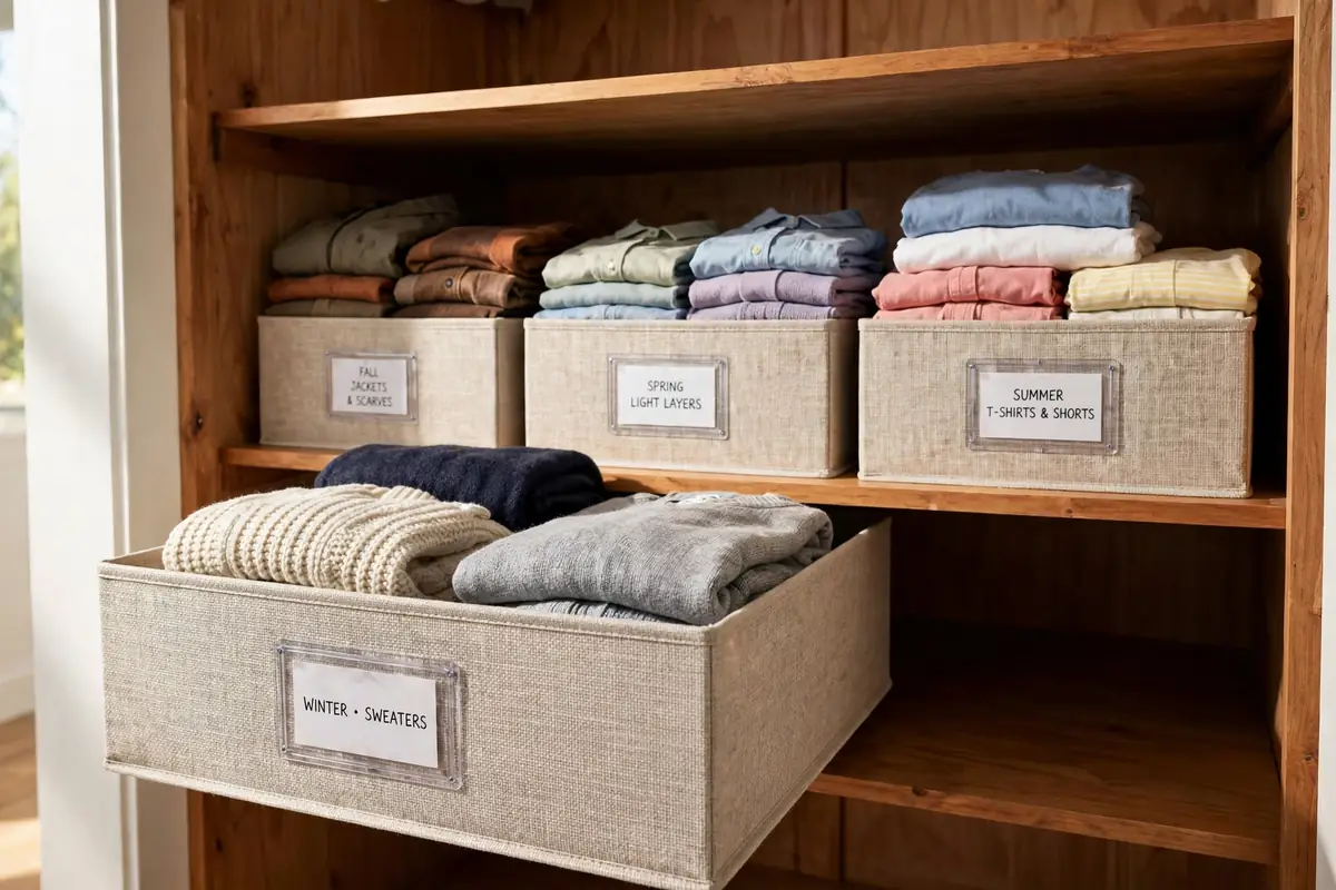 Deep closet shelf with pull-out bins and labeled fronts for easy reach.