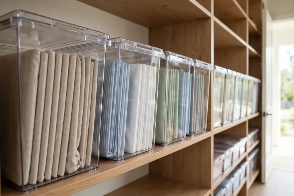 Deep shelf with clear sliding bins holding sheet sets filed upright like records