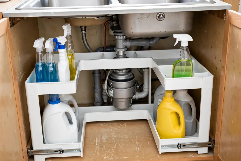 Delamu L-shape tall under sink organizer with tall spray bottles around a garbage disposal