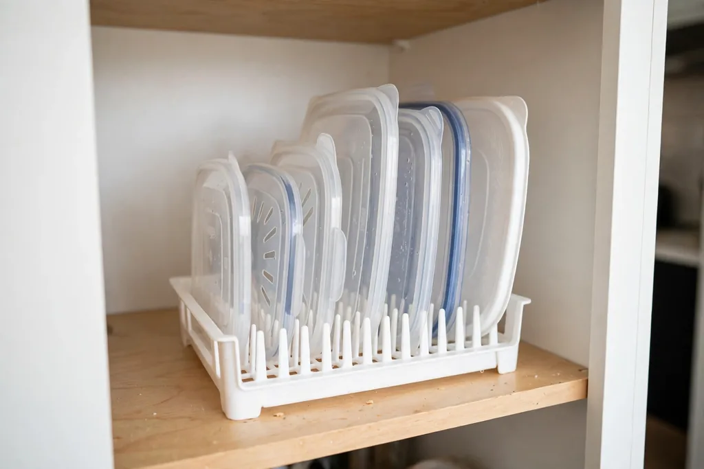 Small dish drying rack inside a cabinet holding food container lids upright in the plate slots