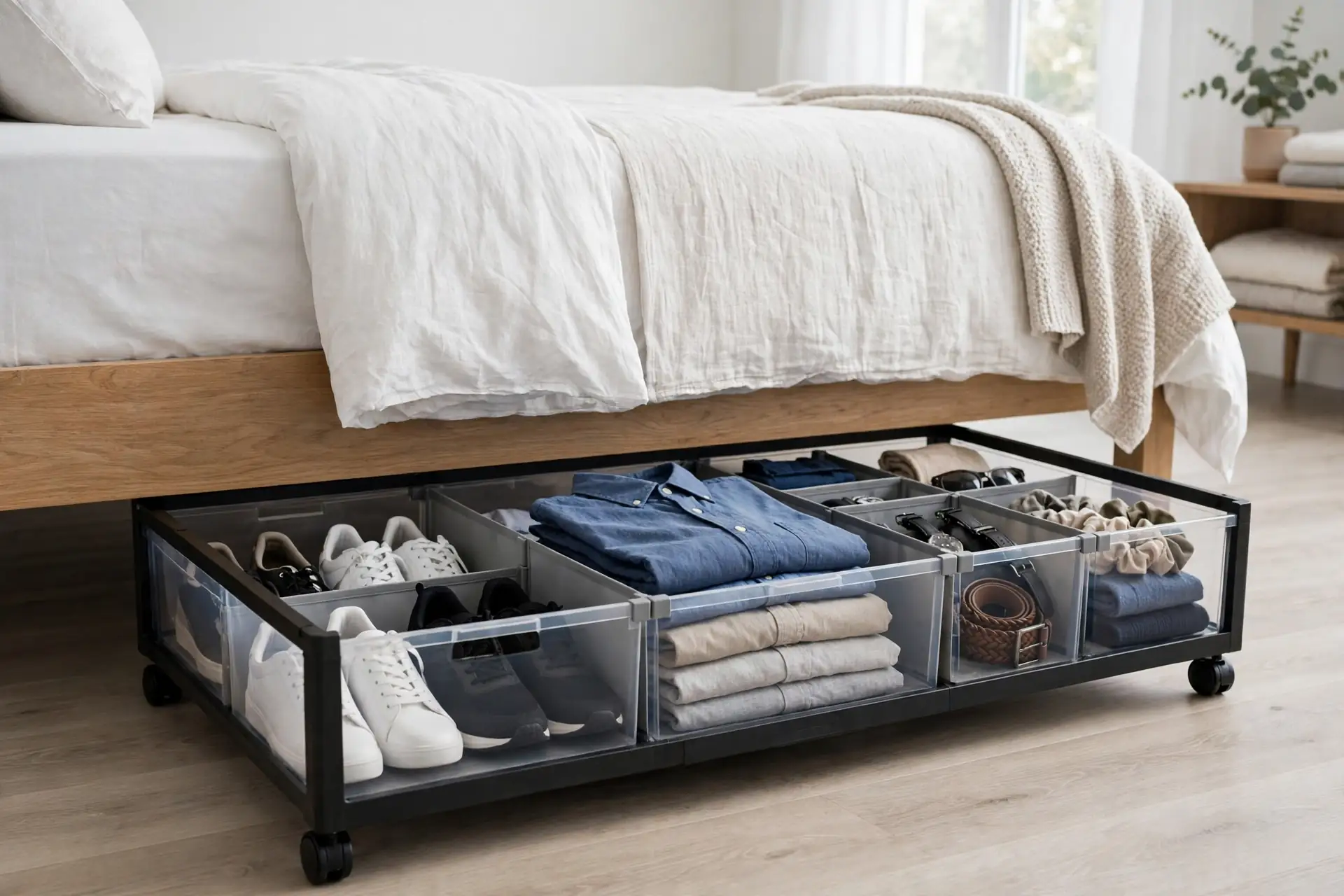 A rolling under-bed bin with dividers separating shoes, shirts, and accessories
