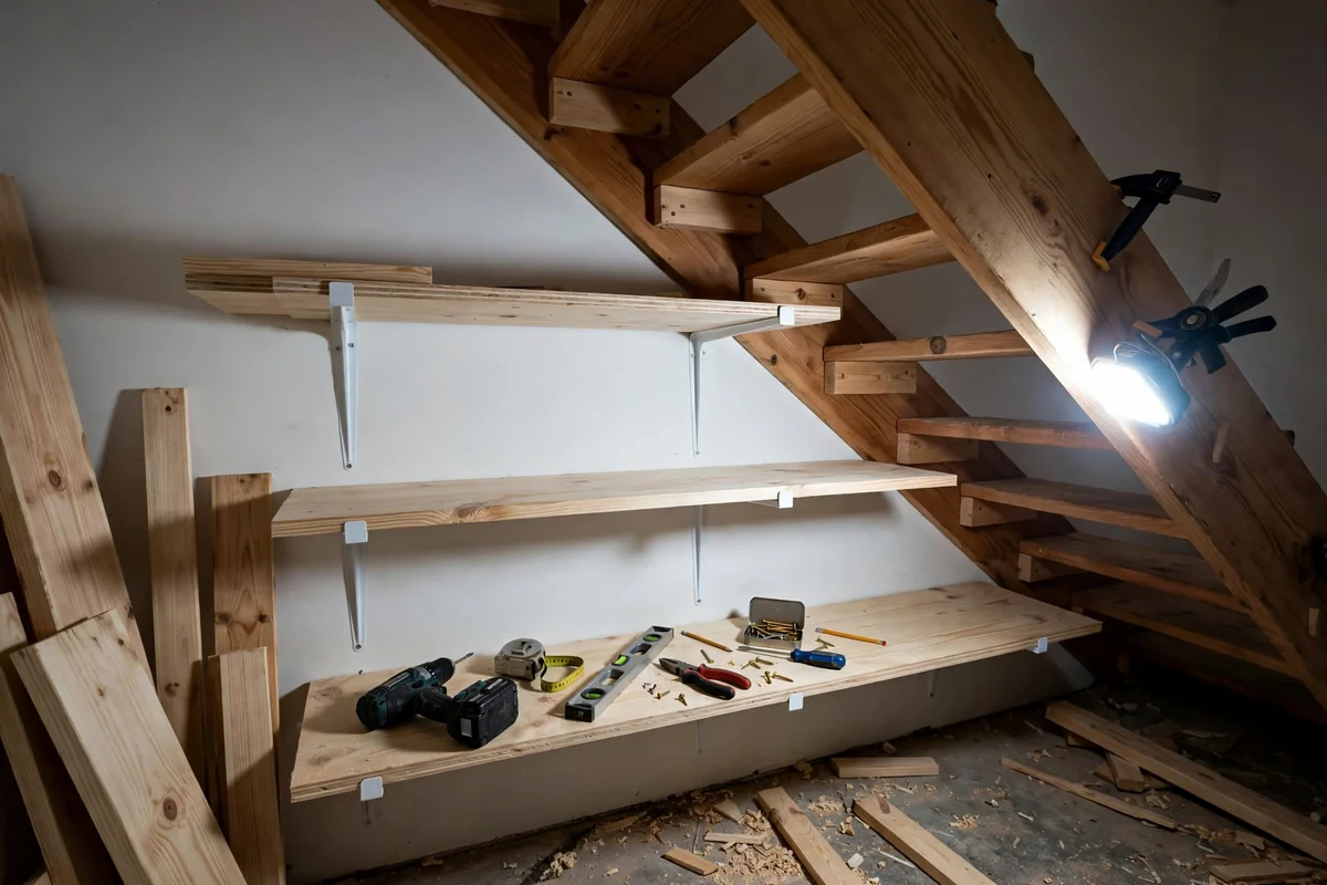 Unfinished pine lumber shelves being installed under a staircase