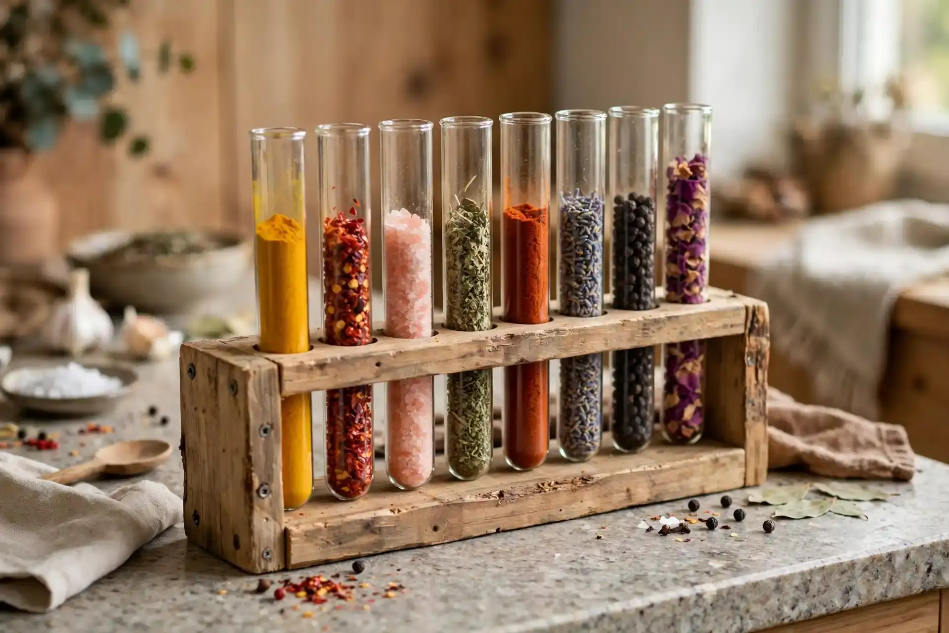 DIY test tube spice rack made from a wooden block on a kitchen counter