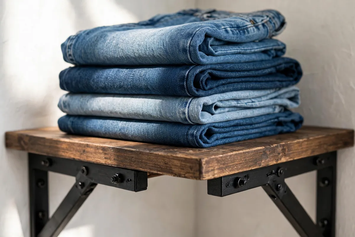 DIY stained wood closet shelf mounted on metal brackets.