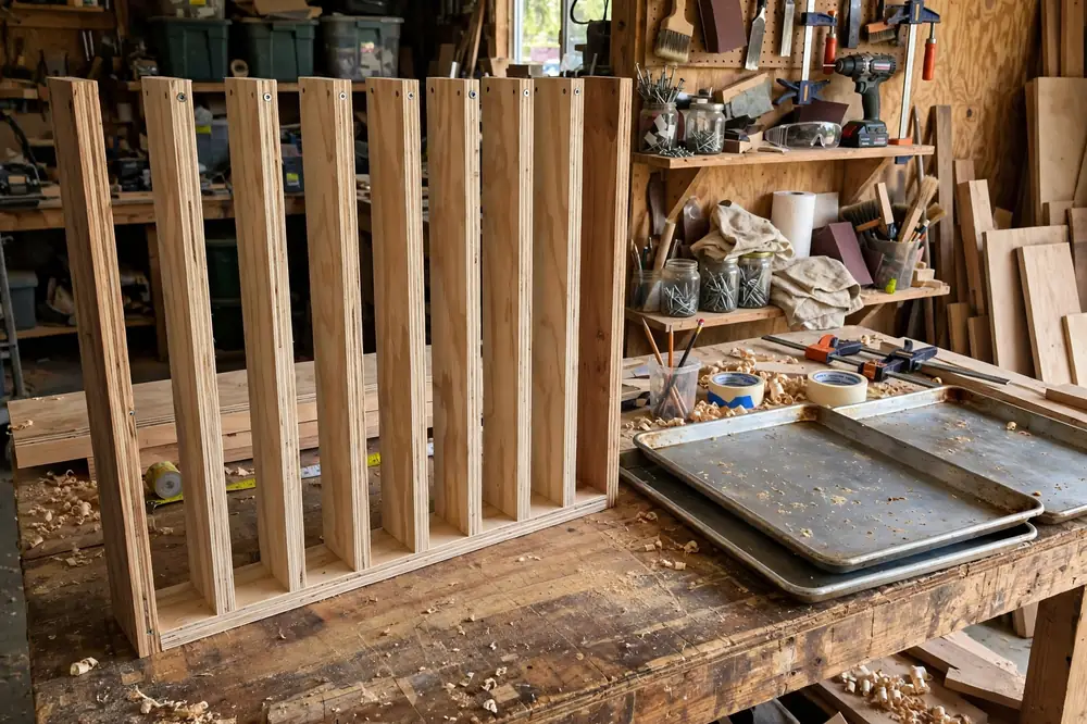 Homemade wood divider with vertical plywood strips on a workbench beside baking sheets