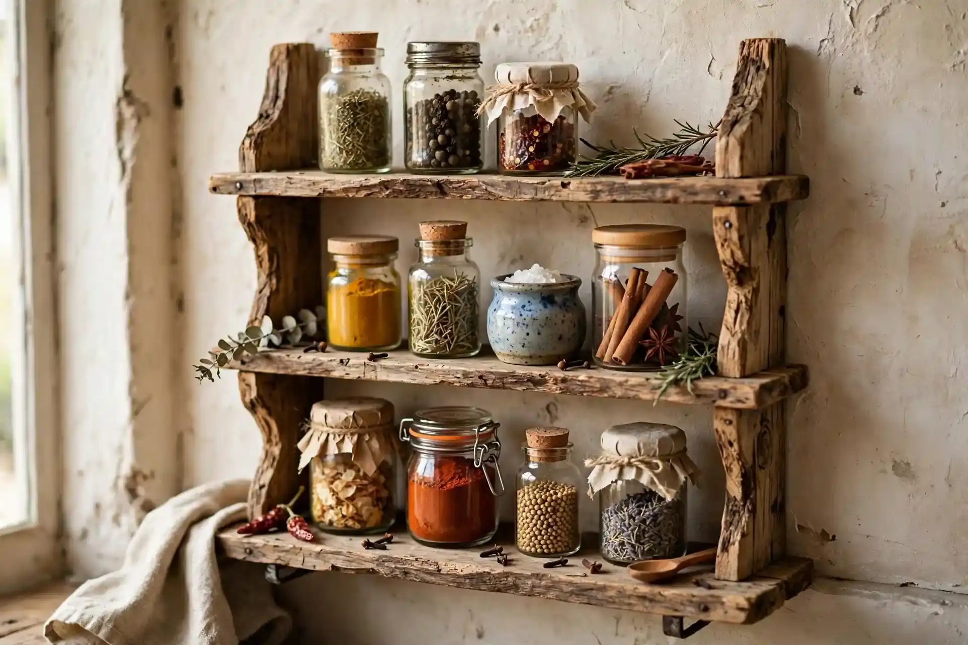 Handmade wooden wall shelf with three tiers holding spice jars