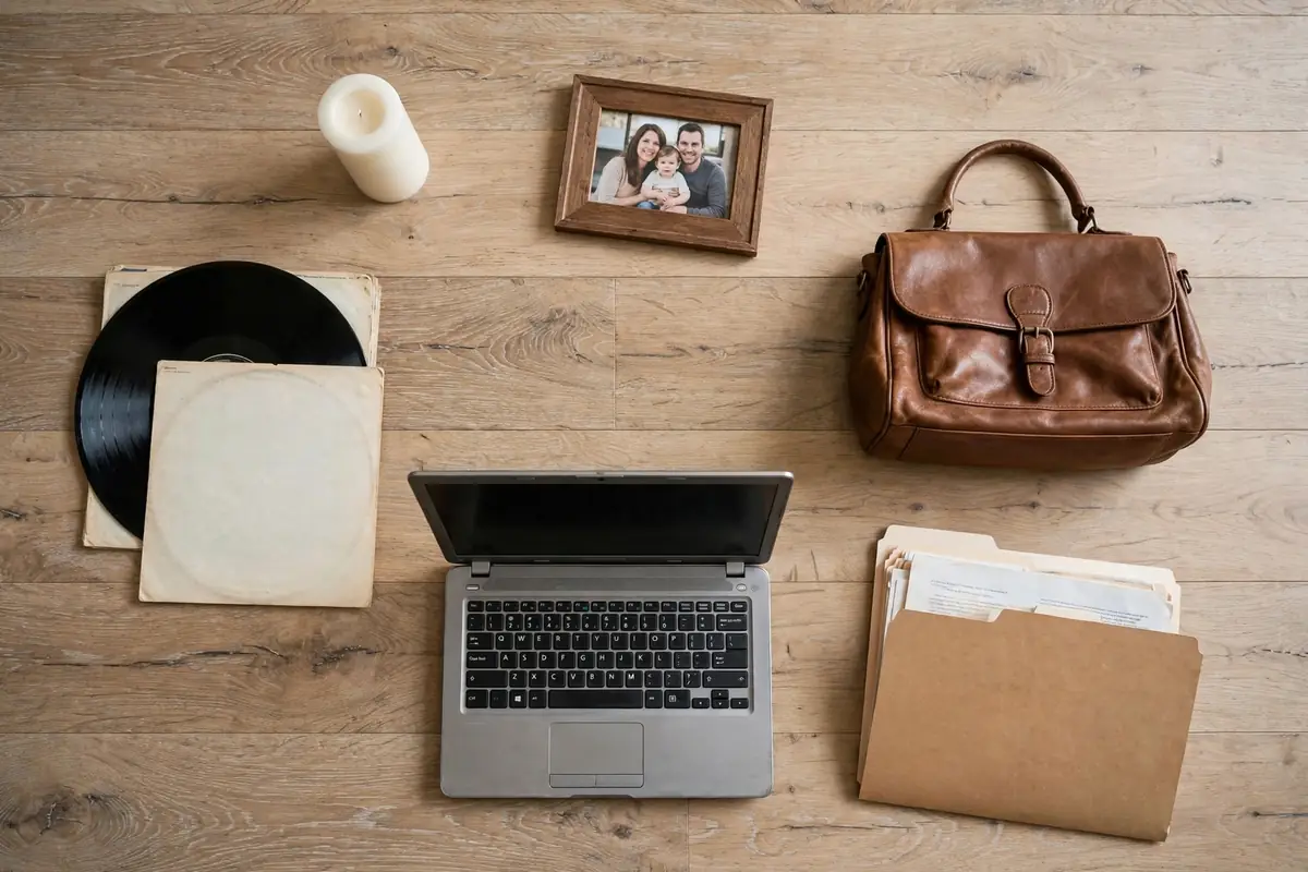 Items that should never be stored in a hot attic: candles, framed photos, vinyl records, a laptop, paper documents, and a leather bag.