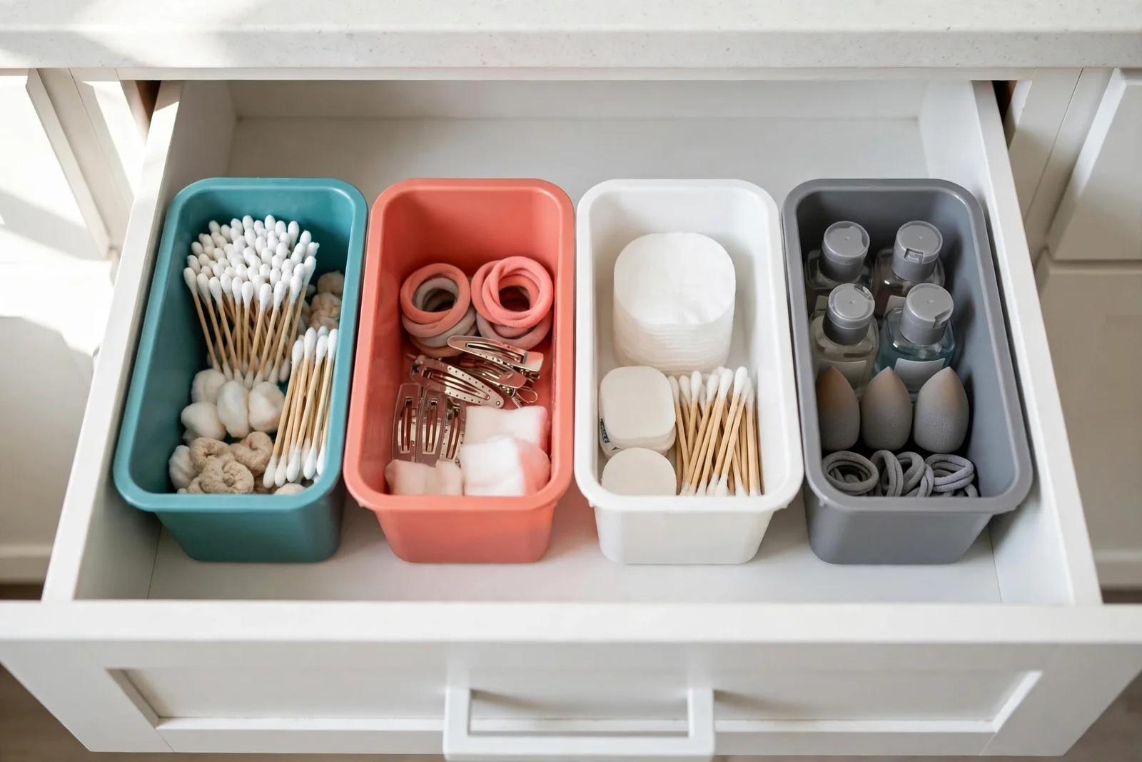 Dollar store bins organizing a bathroom drawer on a budget.