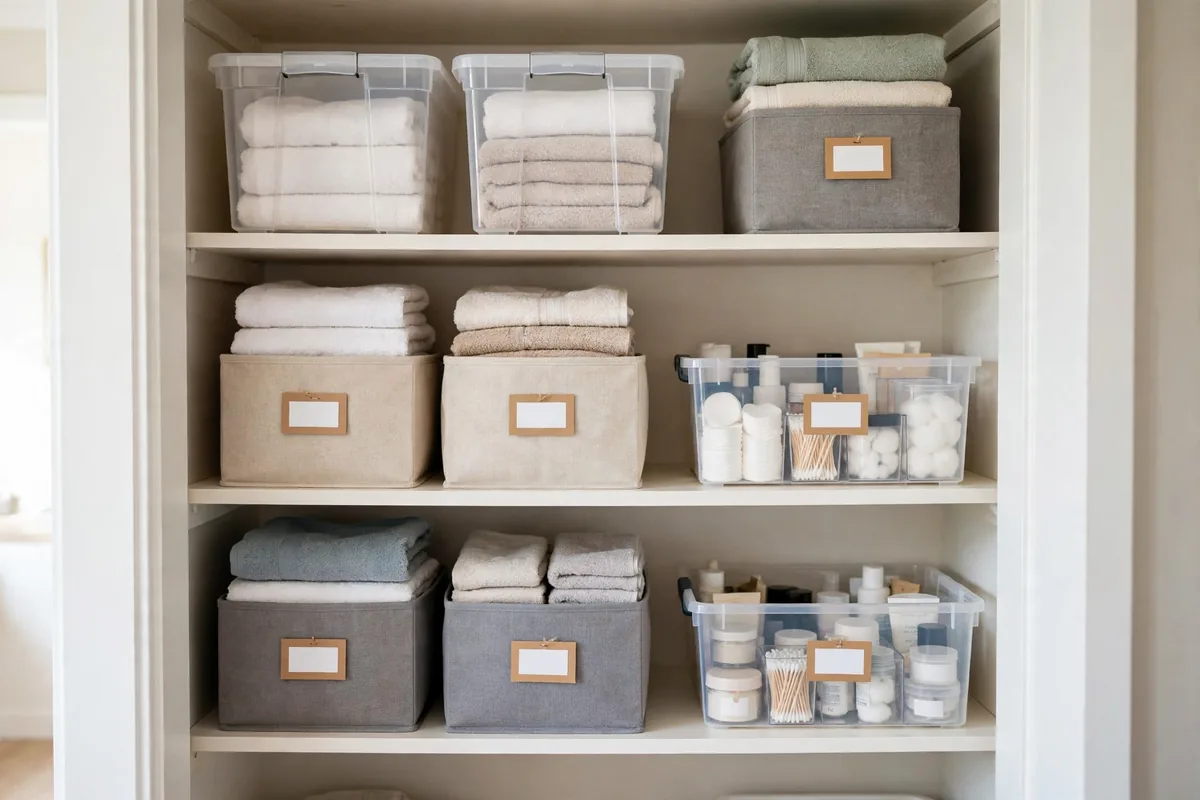Affordable plastic bins and fabric cube bins organizing a linen closet on a budget
