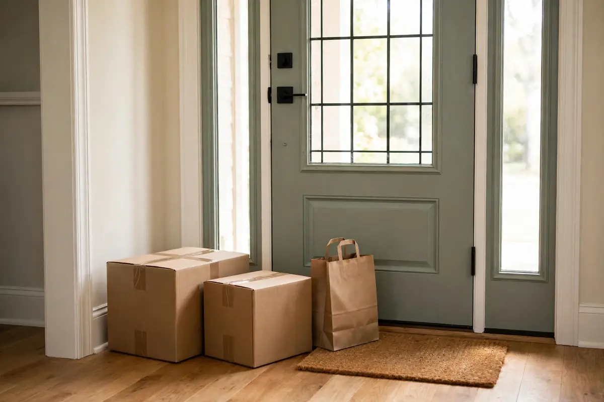 Donation boxes staged by the front door for scheduled pickup before Thanksgiving