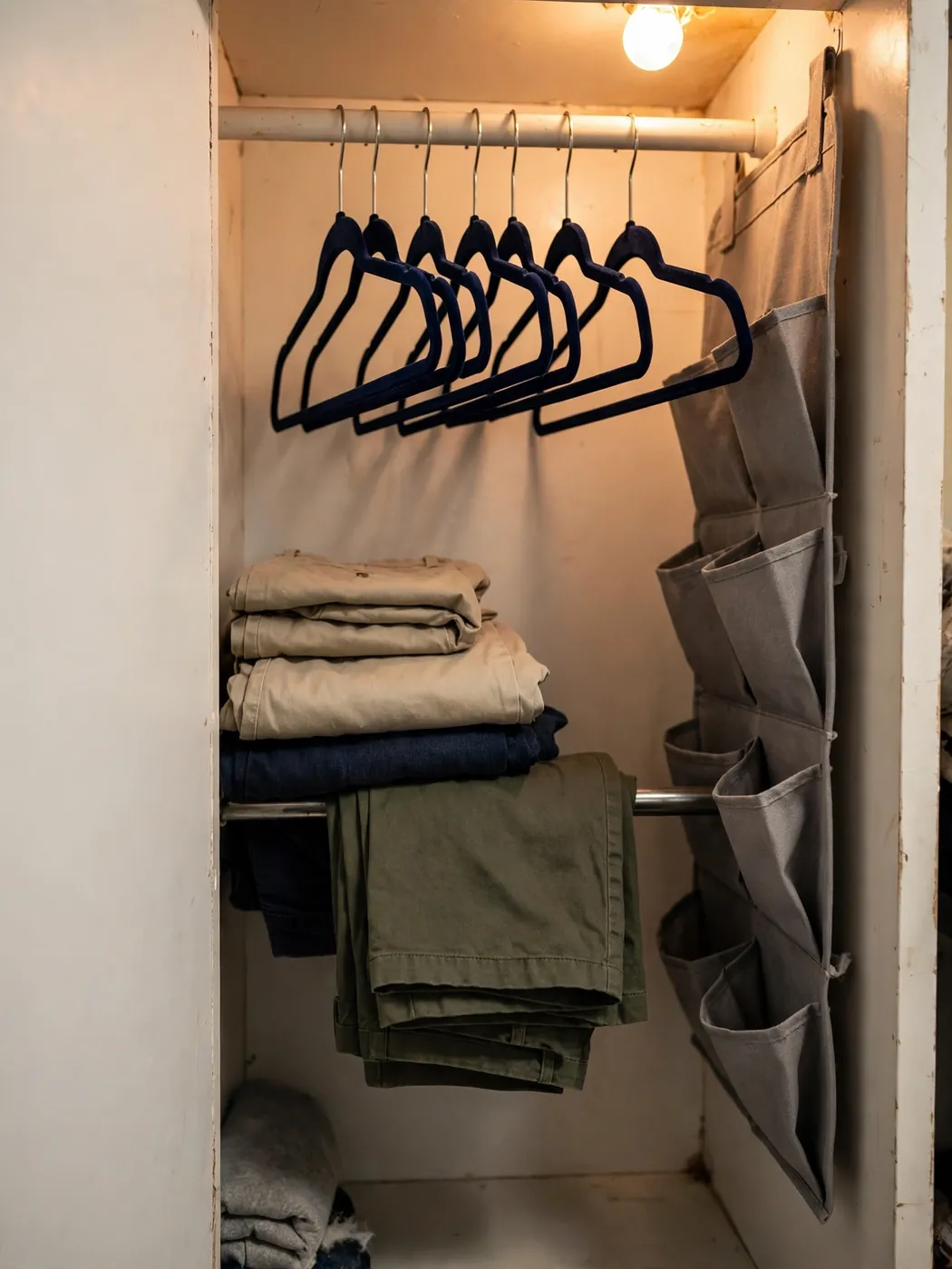 Small dorm closet with slim hangers and a second tension rod for double hanging space