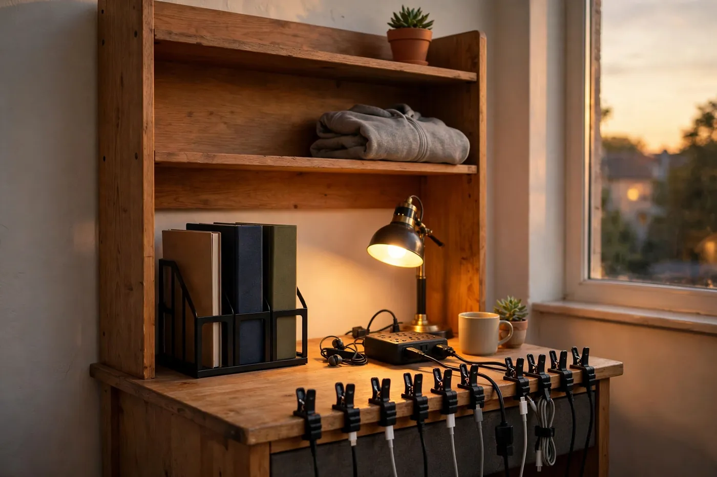 Dorm desk with hutch organizer, file holder, and tidy charging station
