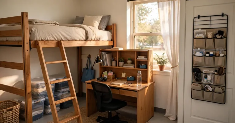 Dorm room storage organization ideas: organized small dorm room with lofted bed, under-bed bins, and wall storage