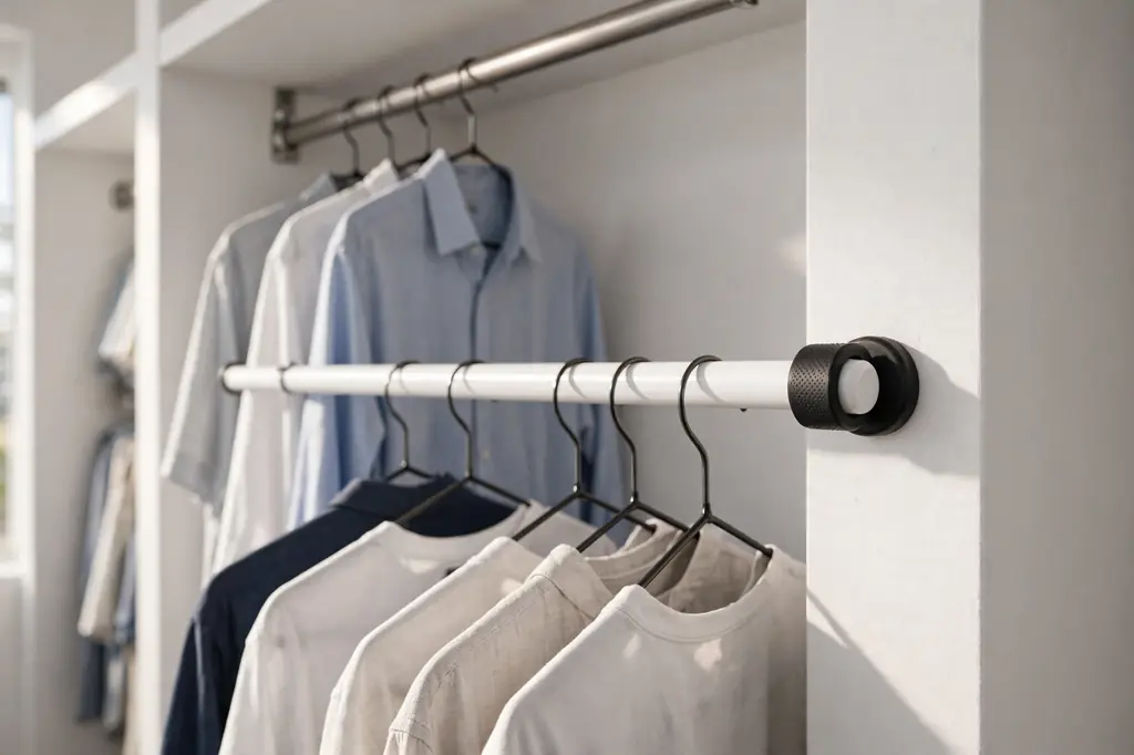 A tension rod installed below the existing closet rod creating a second row of hanging clothes, with a close view of the padded rod end gripping the wall.
