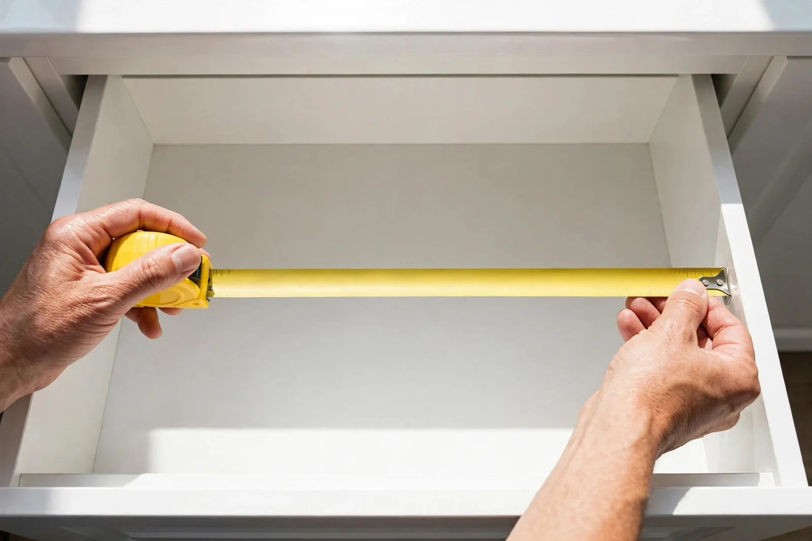 Measuring the inside width of a bathroom drawer with a tape measure.