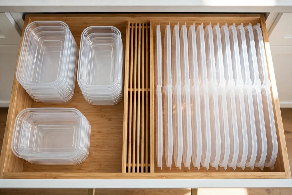 Deep kitchen drawer divided into zones with nested food containers on one side and vertical lids on the other