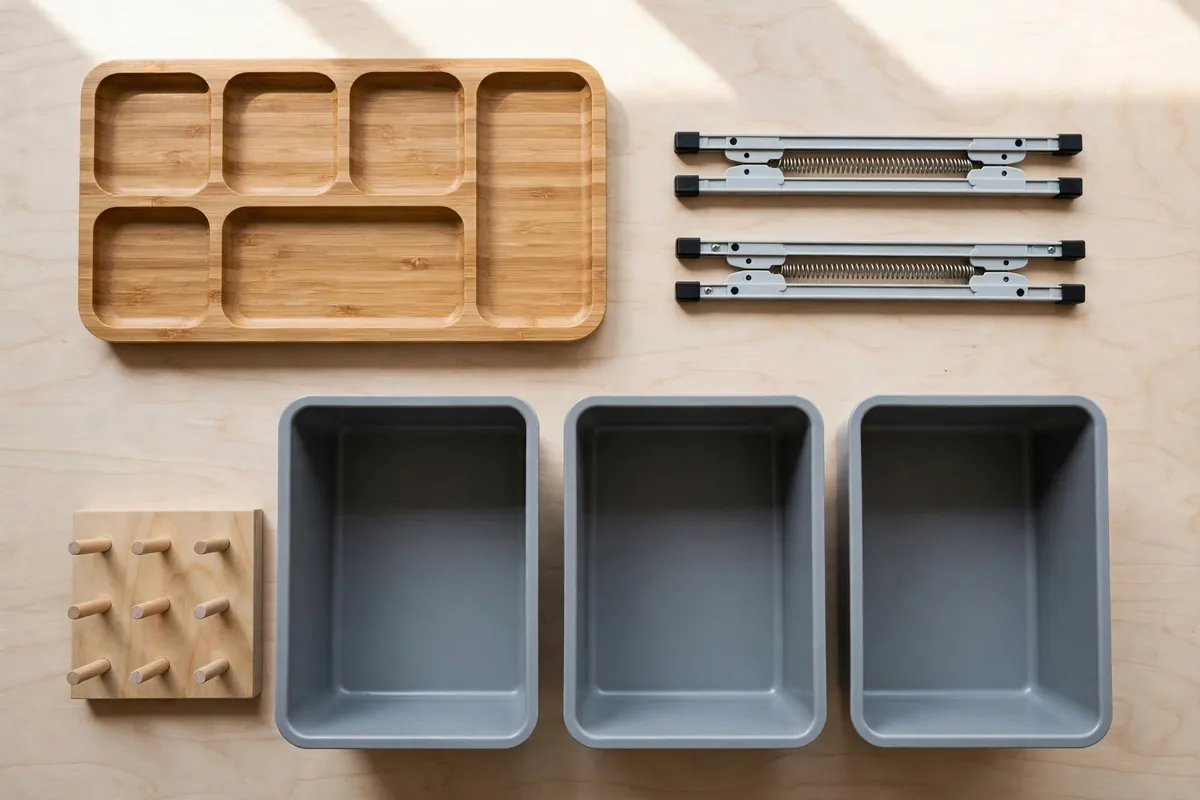 Bamboo cutlery tray, spring-loaded dividers, and modular plastic bins arranged side by side for comparison