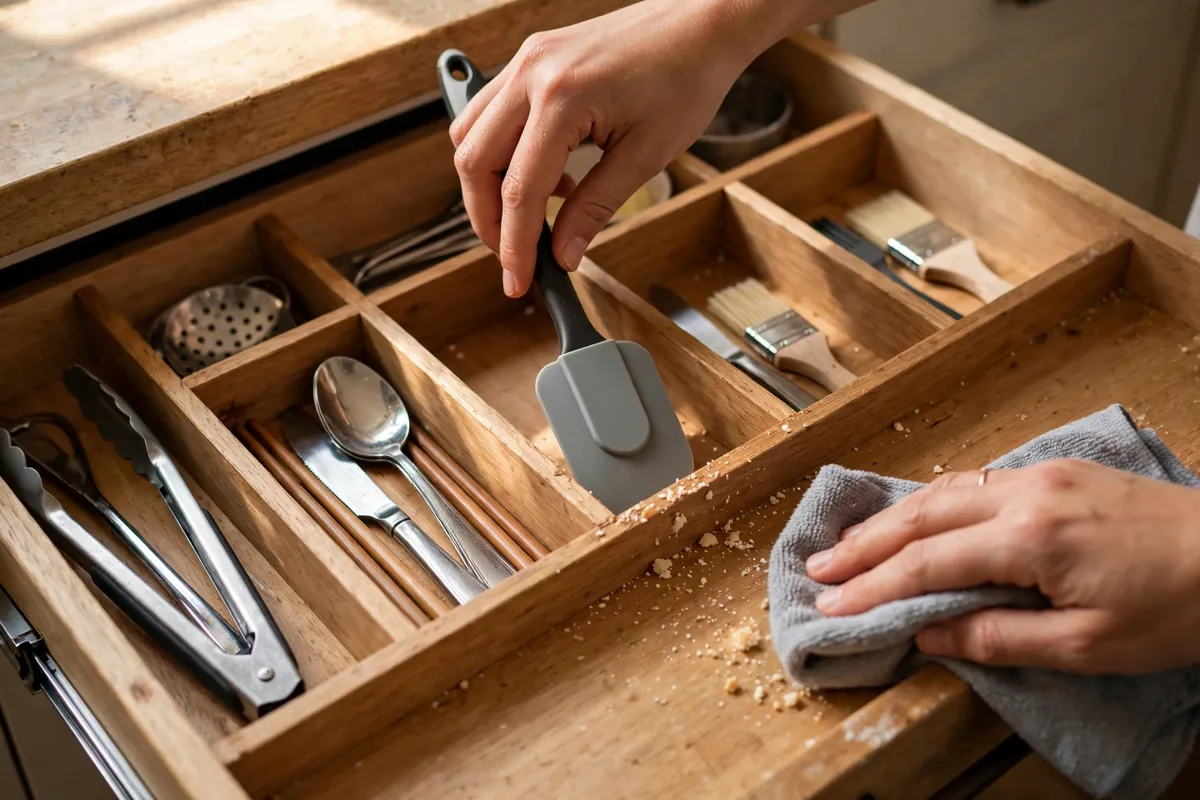 Hands returning utensils to their compartments during a quick weekly drawer reset
