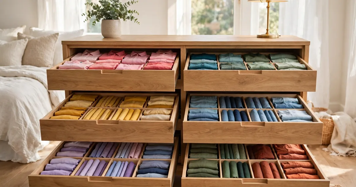 Dresser organization ideas: organized dresser drawers with file-folded clothes and drawer dividers