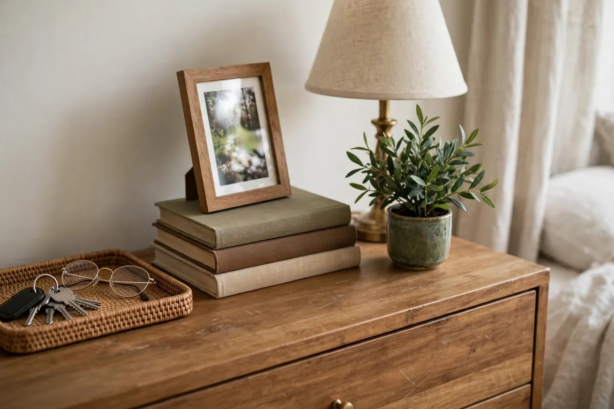 Dresser top organized into three zones with a tray, lamp, and plant