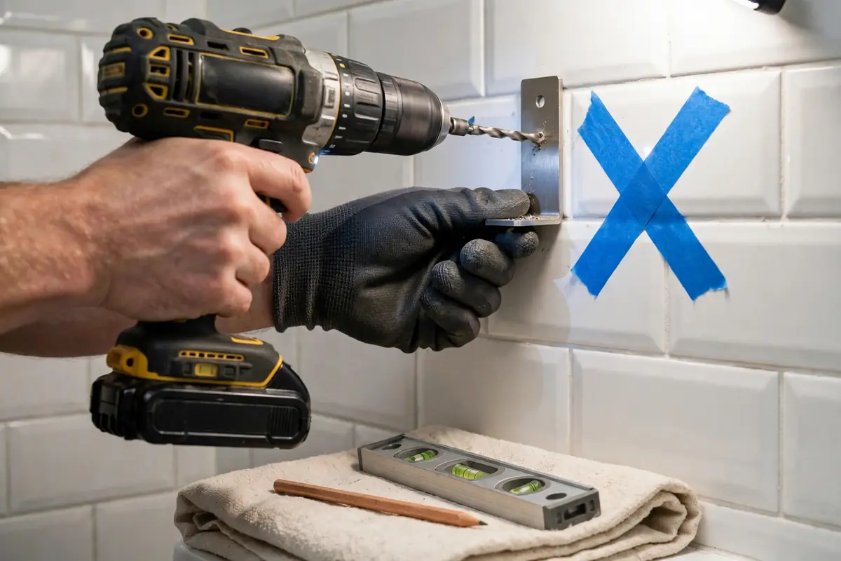 Hands drilling a shelf bracket into bathroom tile with painter's tape marking the spot