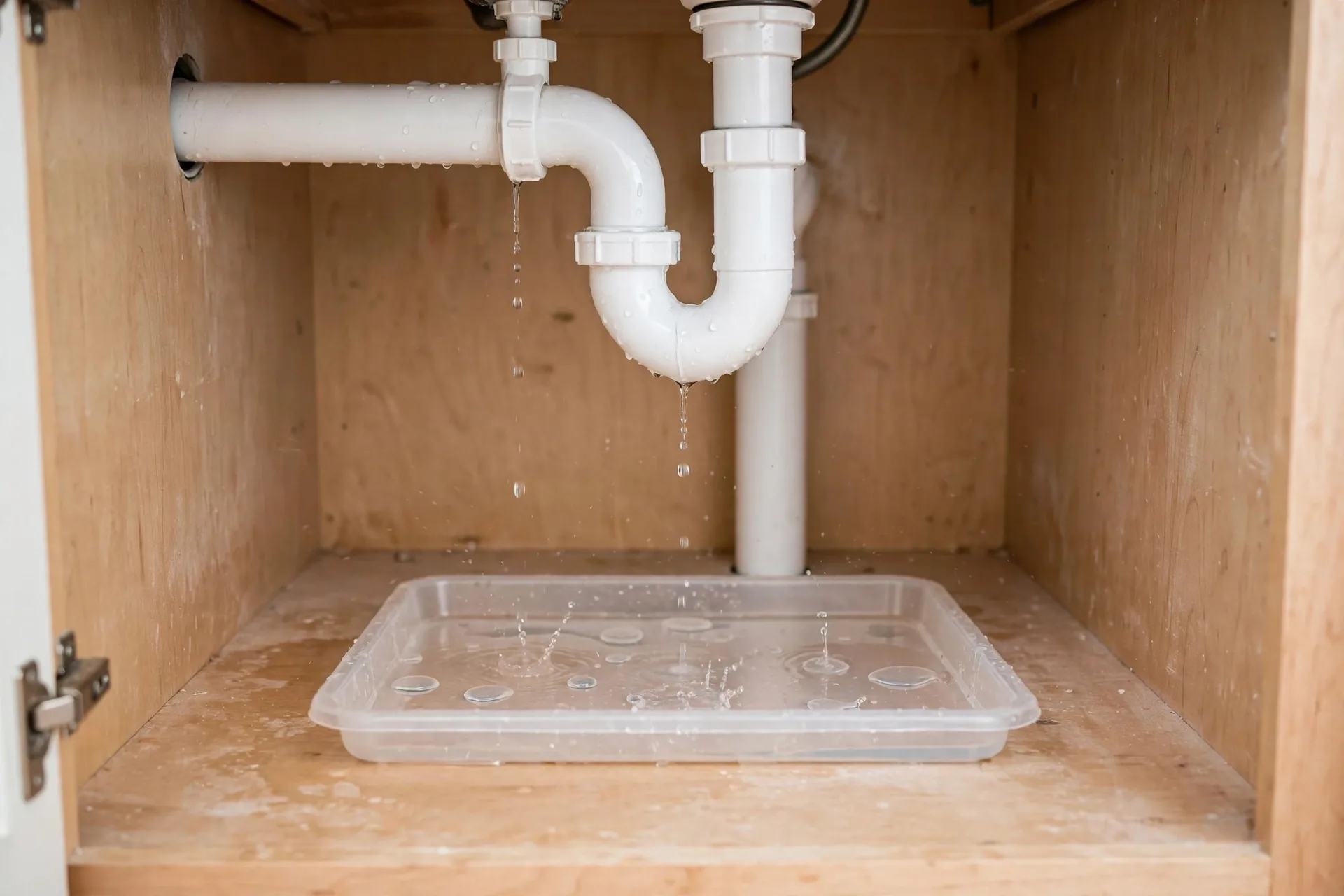 Drip tray on the floor of a bathroom sink cabinet under the drain pipes