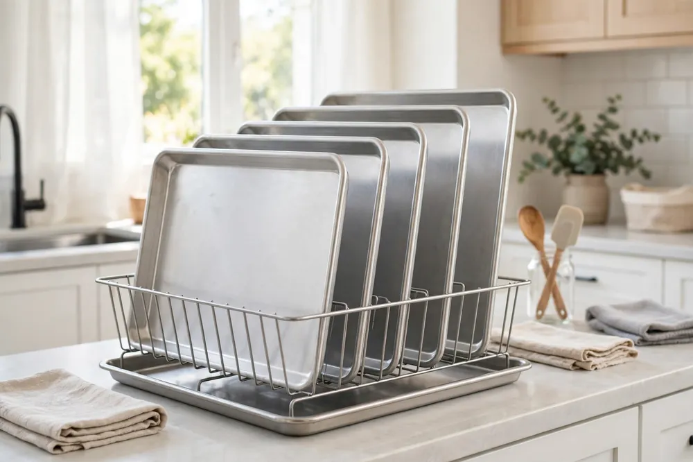 Clean dry baking sheets on a dish rack drying before storage