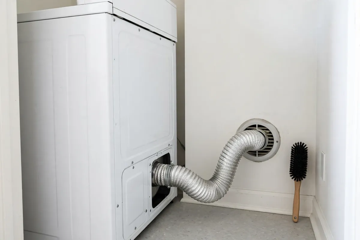 Person-free view of a dryer vent hose behind a dryer being checked for lint buildup