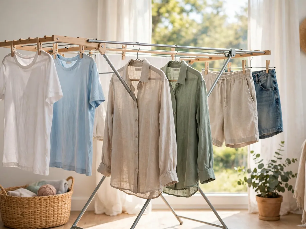 Summer clothes drying completely on an indoor folding rack