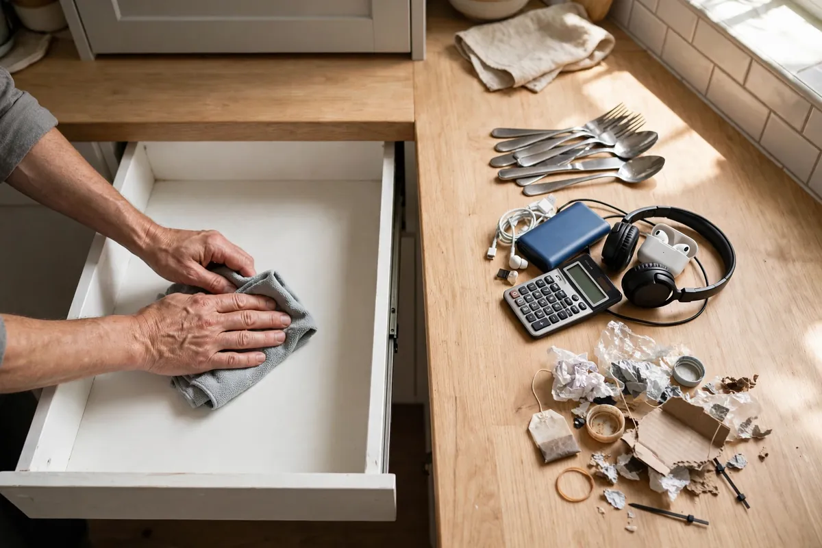 Emptied kitchen drawer being wiped clean with sorted piles of utensils on the counter beside it