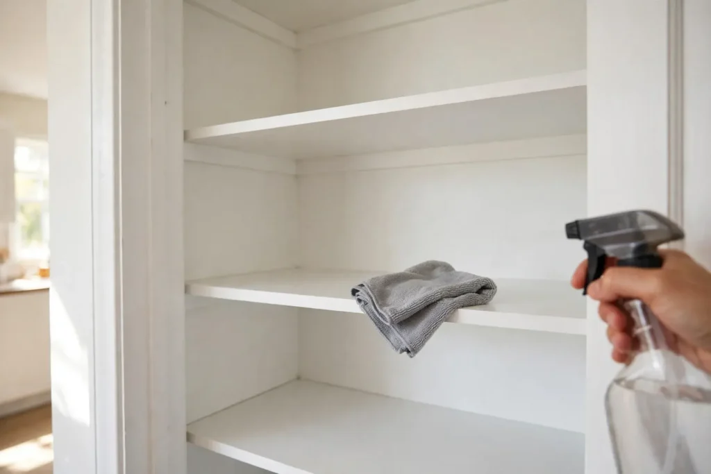 Empty pantry shelves being wiped down during a full pantry reset